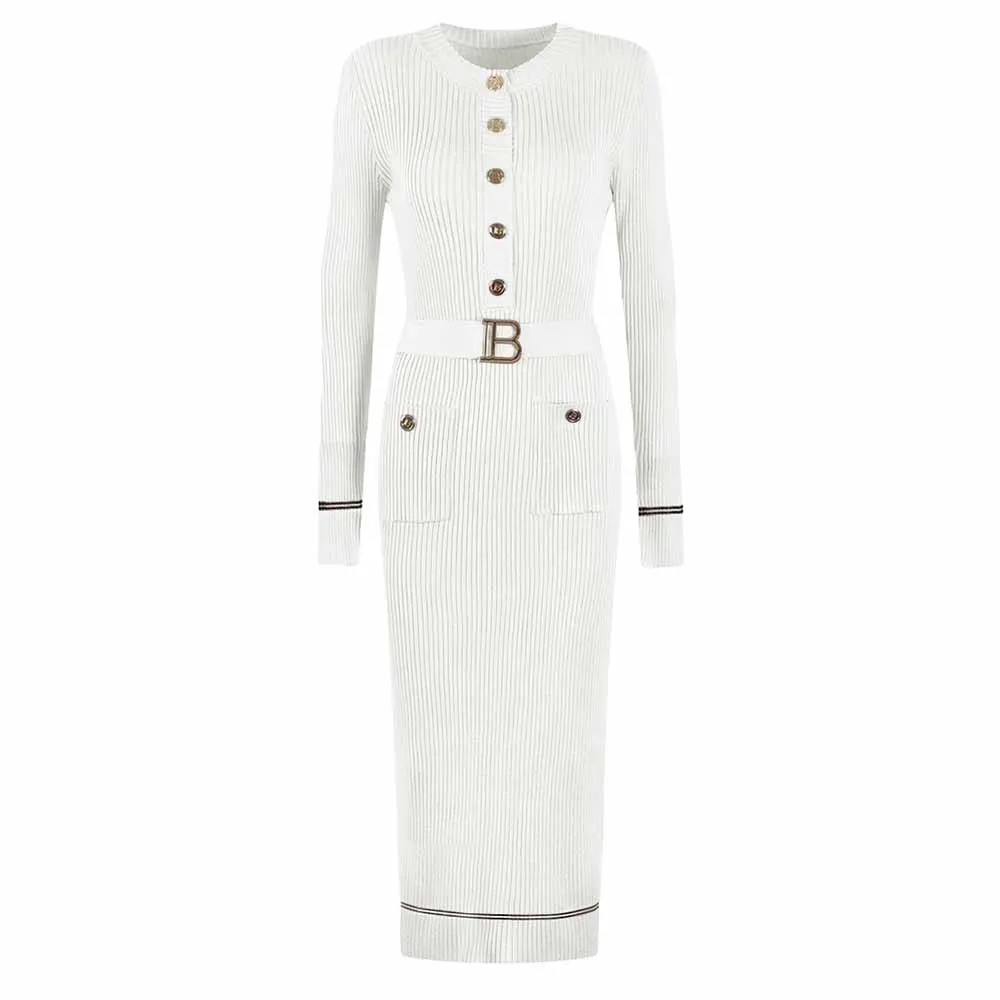 2-Pockets Buttoned Rib Midi Dress Knit Long Sleeve Body-Con Dress