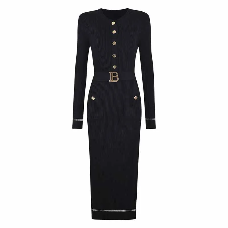 2-Pockets Buttoned Rib Midi Dress Knit Long Sleeve Body-Con Dress