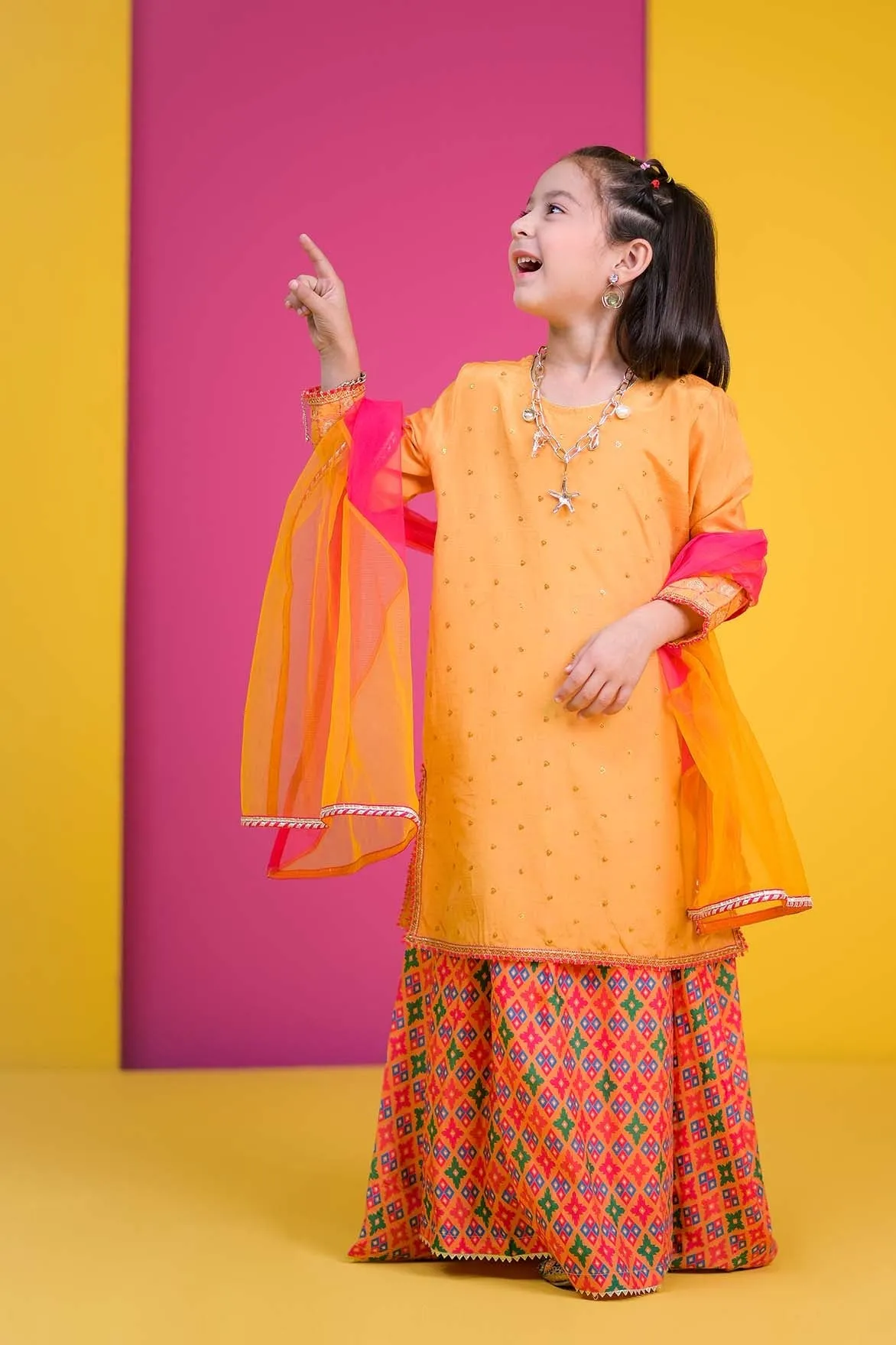 3Pcs RTW | Embroidered Shirt & Printed Skirt with Net Dupatta | Oak Silk