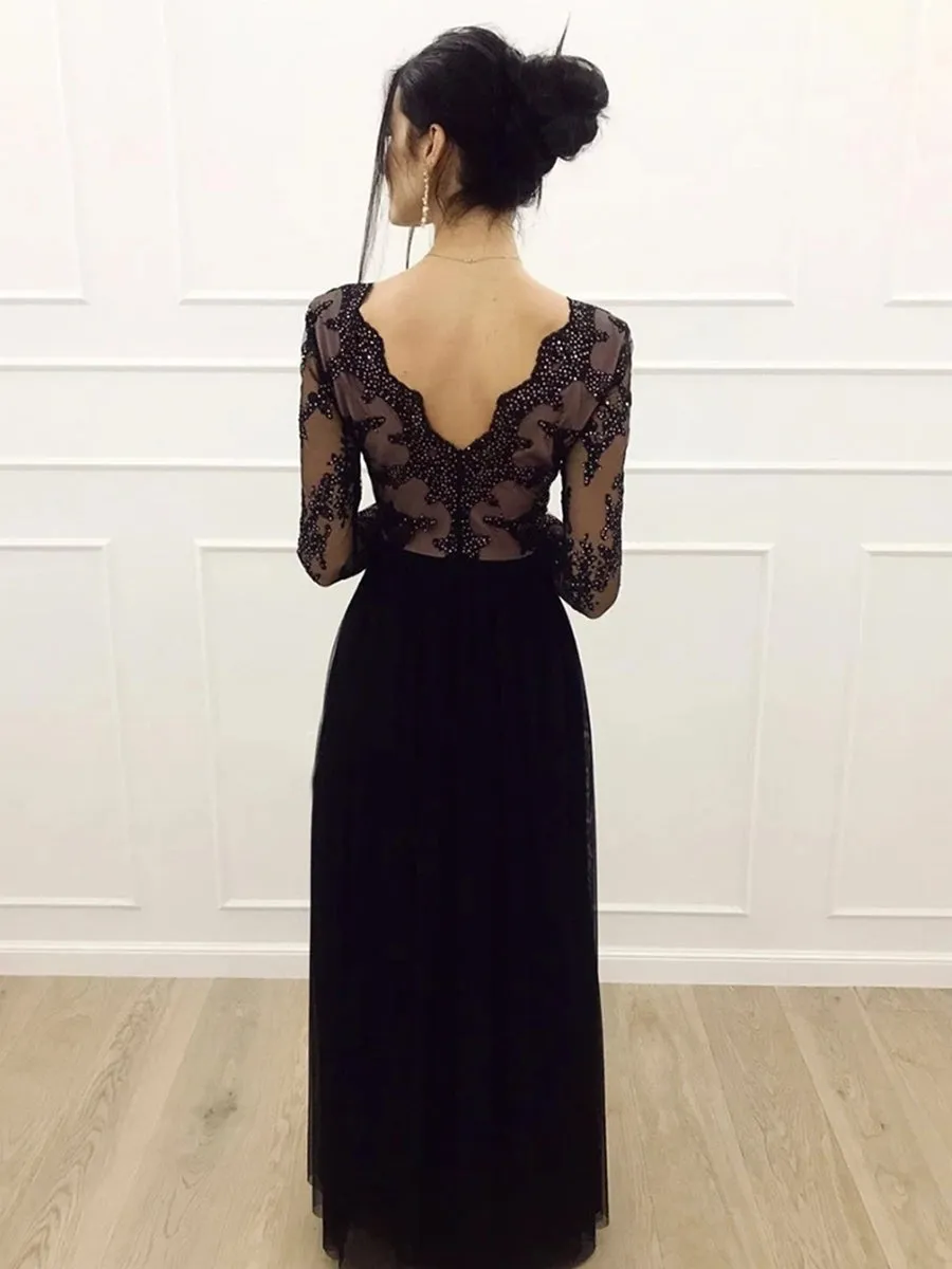 A Line Long Sleeves V Neck Lace Black Prom with Split, V Neck Long Sleeves Black Lace Formal, Black Lace Evening