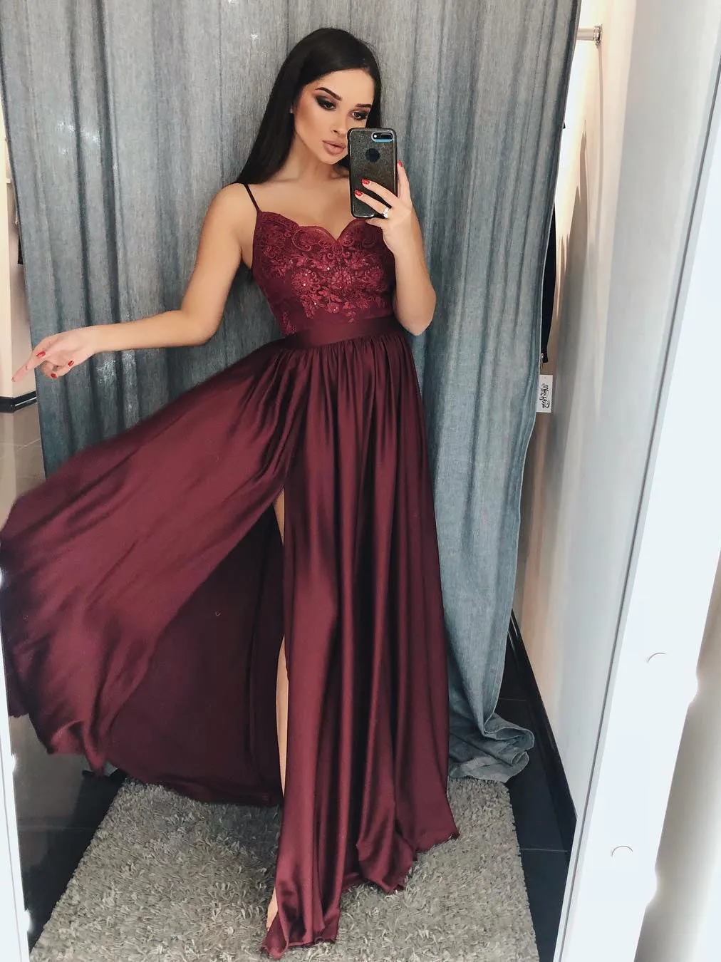 A Line V Neck Burgundy Lace Prom with Side Slit, Burgundy Lace Graduation, Burgundy Lace Formal