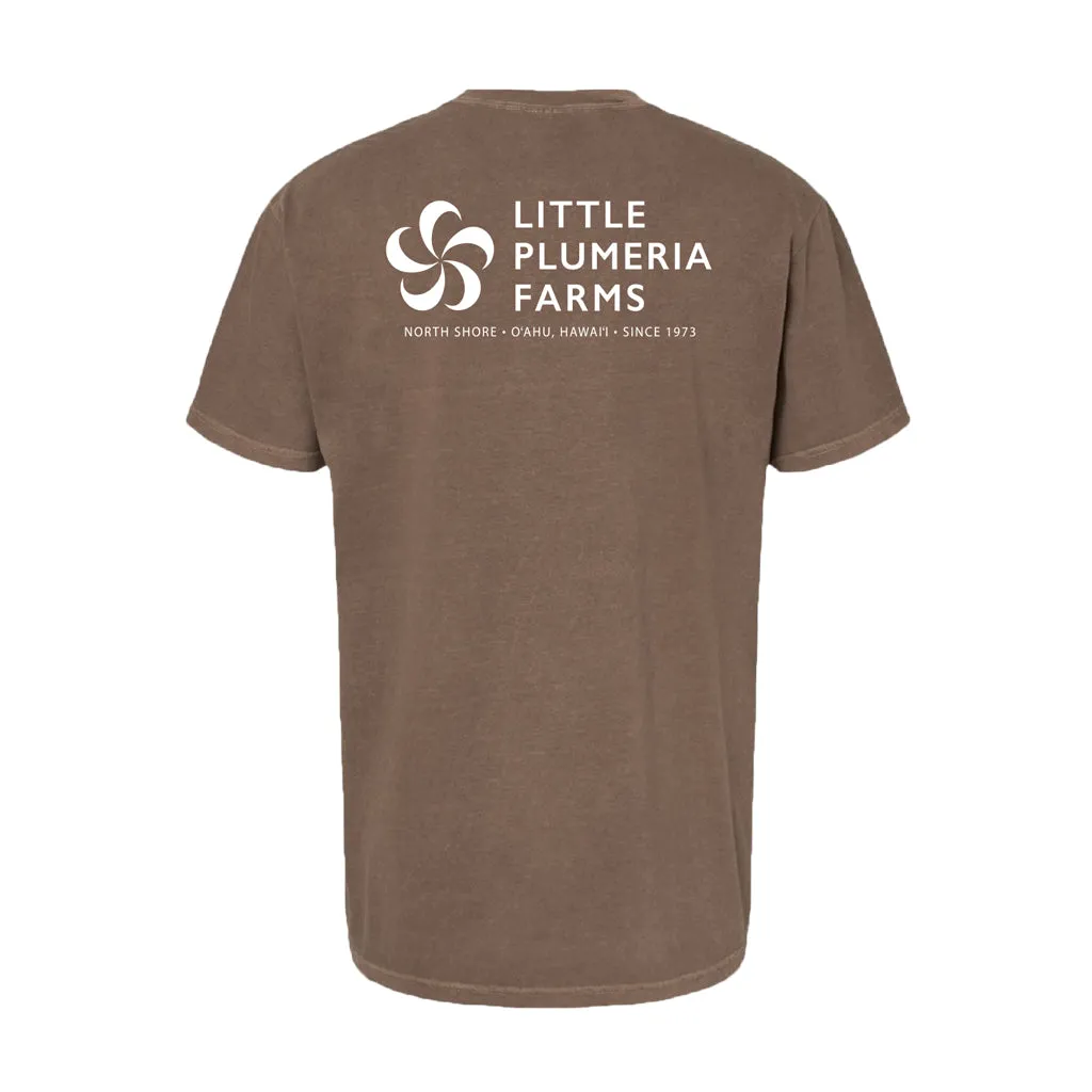 Adult Short Sleeve T-Shirt: Little Plumeria Farms Logo (Brown)