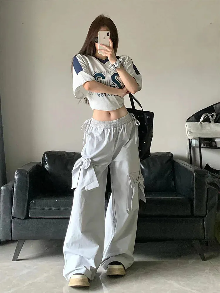 Aiertu New Design Gyaru Jeans Woman Vintage High Waist Wide Leg Pants Bow Elastic Waist Baggy Trousers Casual Tide Streetwear Simple