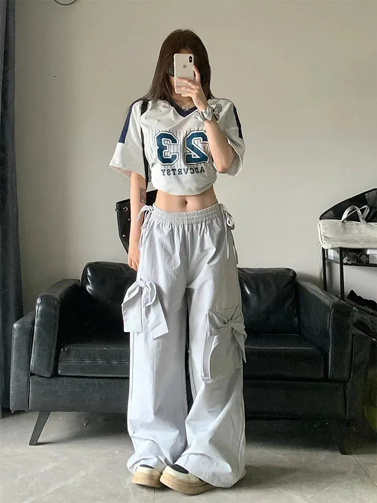 Aiertu New Design Gyaru Jeans Woman Vintage High Waist Wide Leg Pants Bow Elastic Waist Baggy Trousers Casual Tide Streetwear Simple