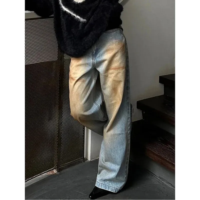 Aiertu Women's Y2K Harajuku High Waist Vintage Loose Jeans Pants American Retro Streetwear Wide Leg Baggy Tie Dye Denim Trouser