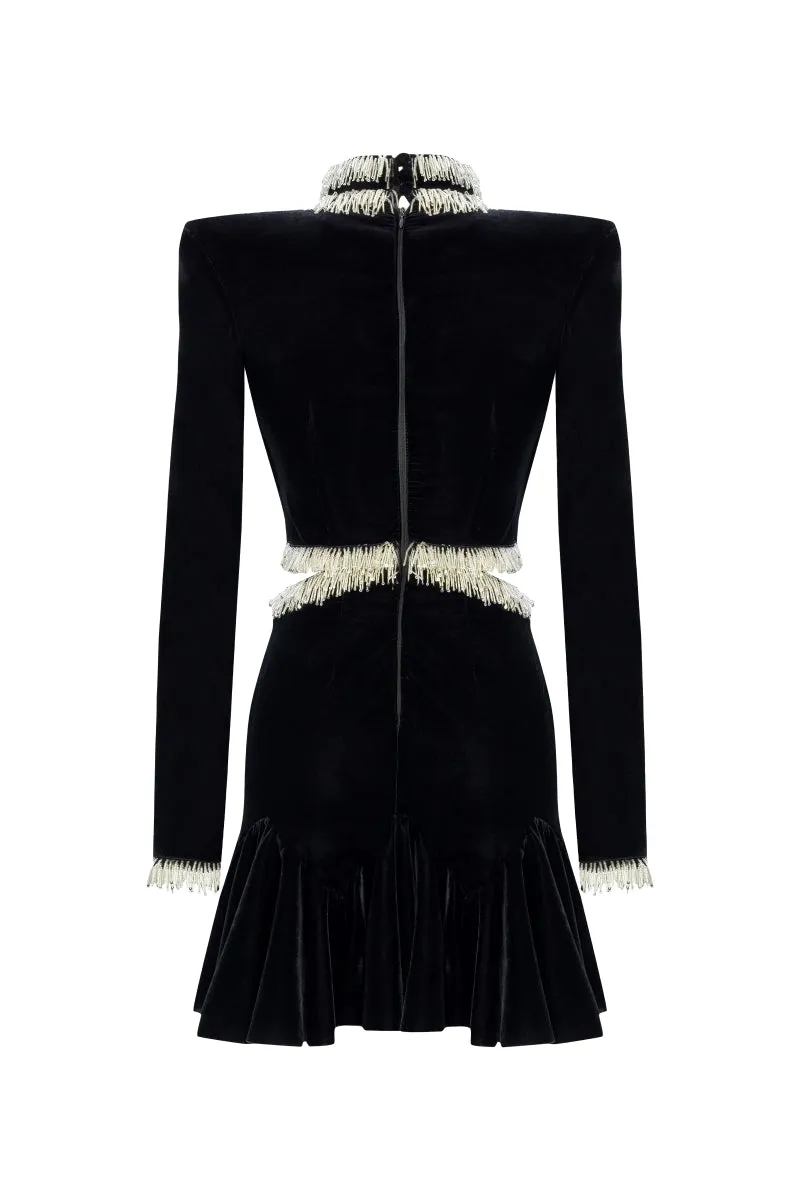 BEAD-EMBELLISHED VELVET MINI DRESS IN BLACK