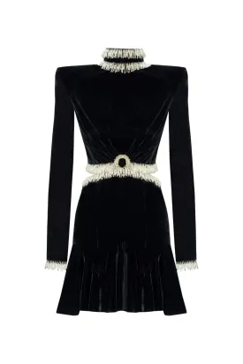 BEAD-EMBELLISHED VELVET MINI DRESS IN BLACK