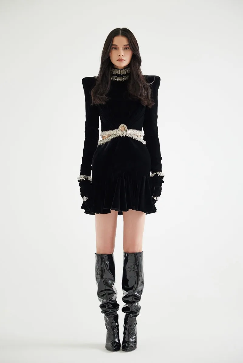 BEAD-EMBELLISHED VELVET MINI DRESS IN BLACK