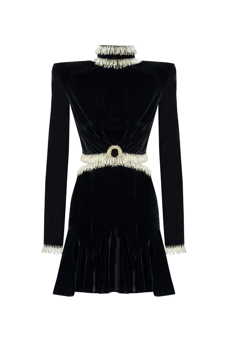 BEAD-EMBELLISHED VELVET MINI DRESS IN BLACK