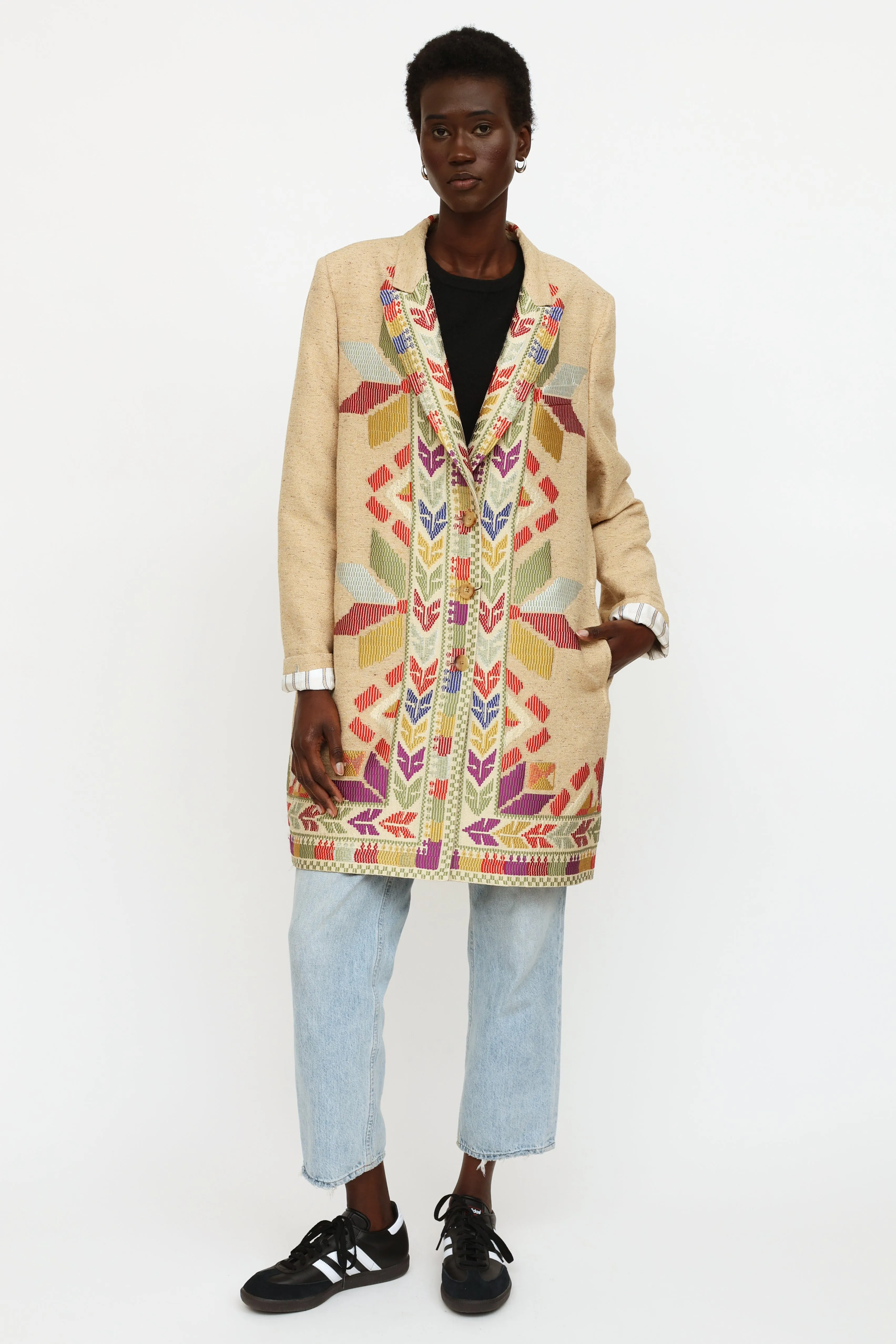 Beige Embroidered Pattern Coat