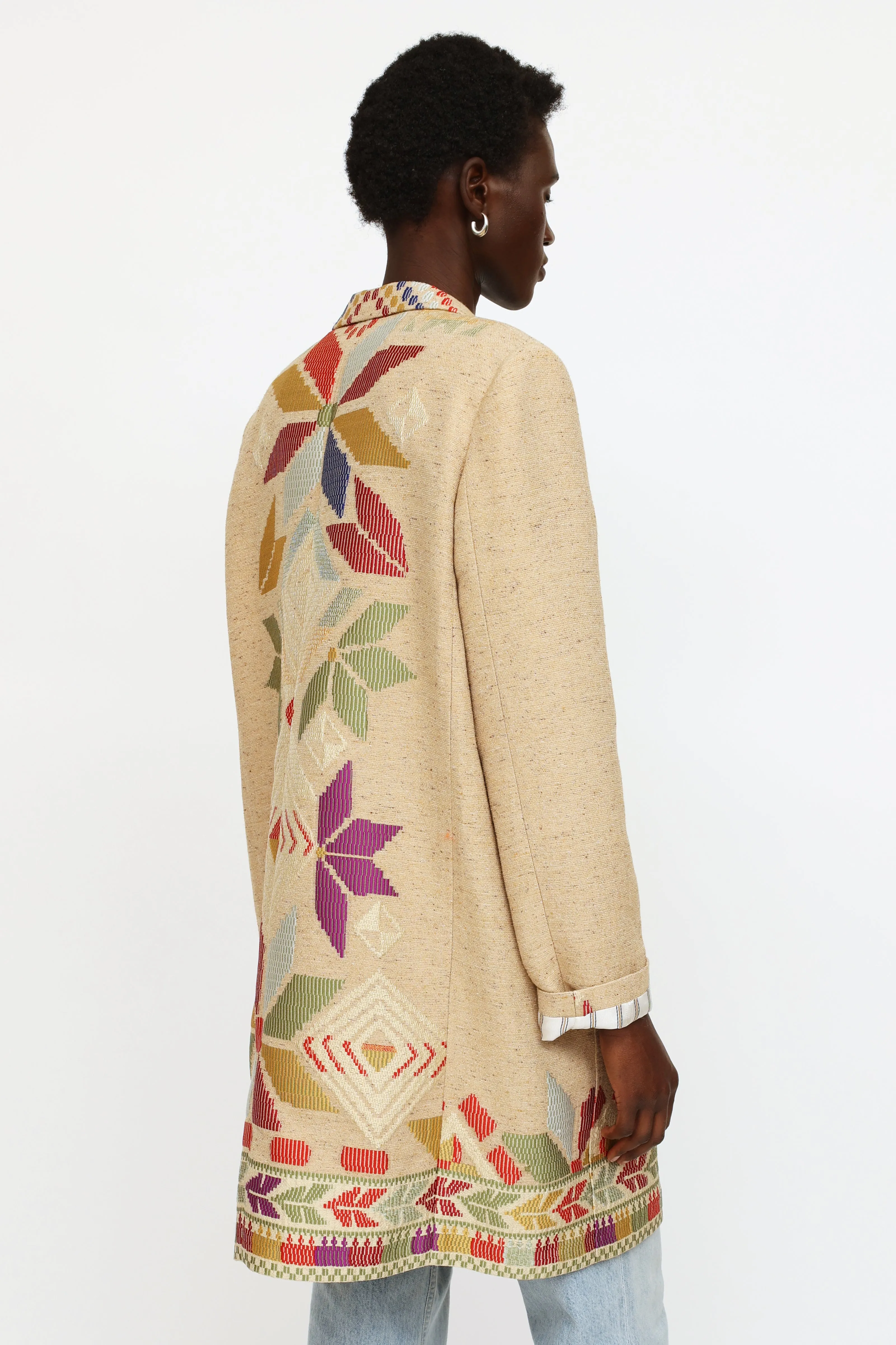 Beige Embroidered Pattern Coat