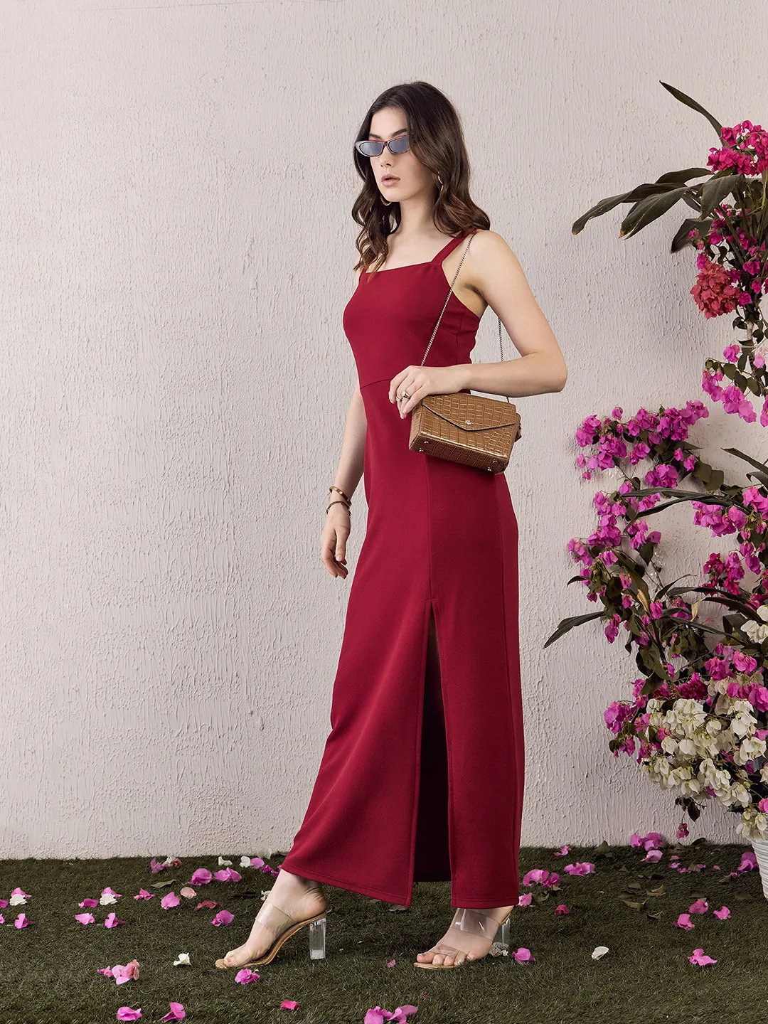 Berrylush Women Solid Red Square Neck Sleeveless Thigh-High Slit Straight Hem Knitted Maxi Dress