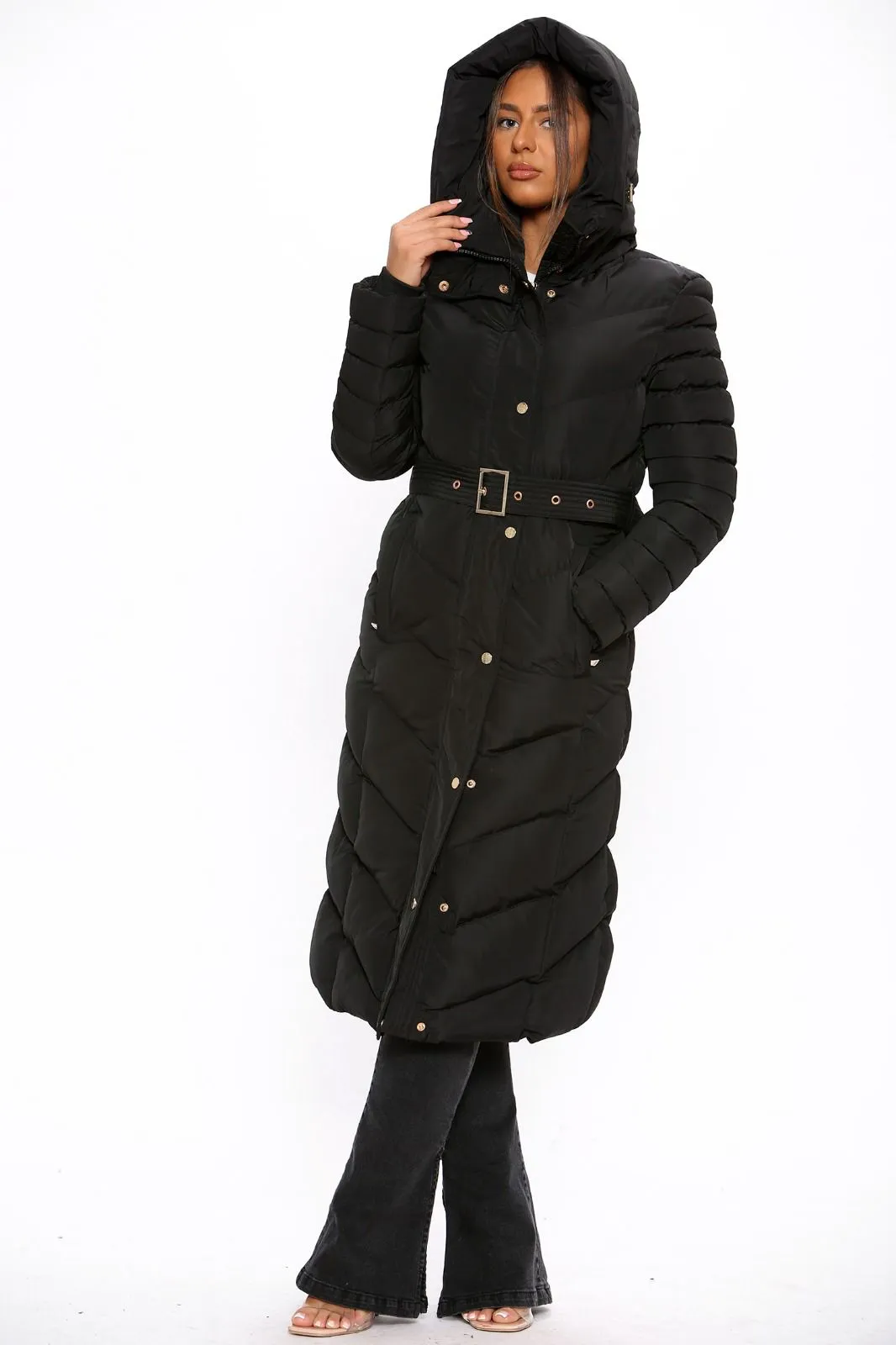 Black Long Full Sleeve  Puffer Padded Hooded With Front Button Belted Coat