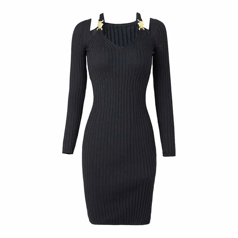 Black Pleated Tight-fitting Bodycon Dress Knitted Dress