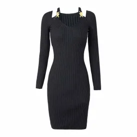 Black Pleated Tight-fitting Bodycon Dress Knitted Dress