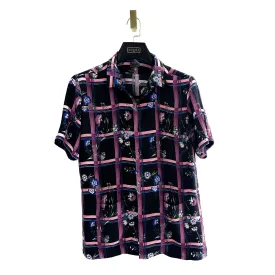 Black Violet Floral Windowpane Silk Shirt