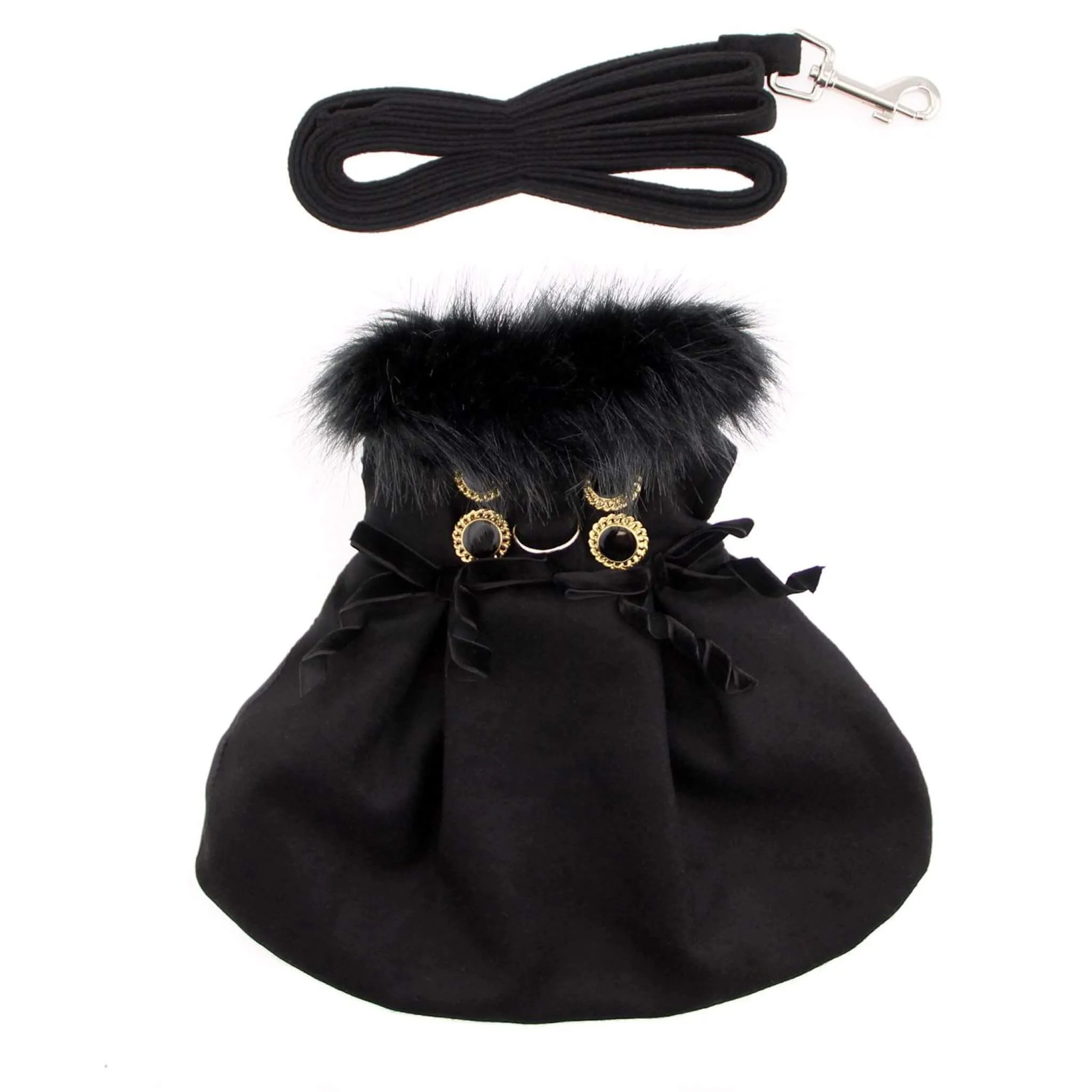 Black Wool Fur-Trimmed Dog Harness Coat