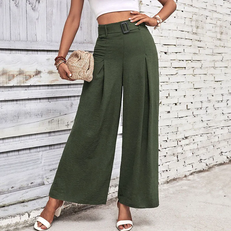 Buckle Belted Pleated High Waist Wide Leg Pants (4 colors)