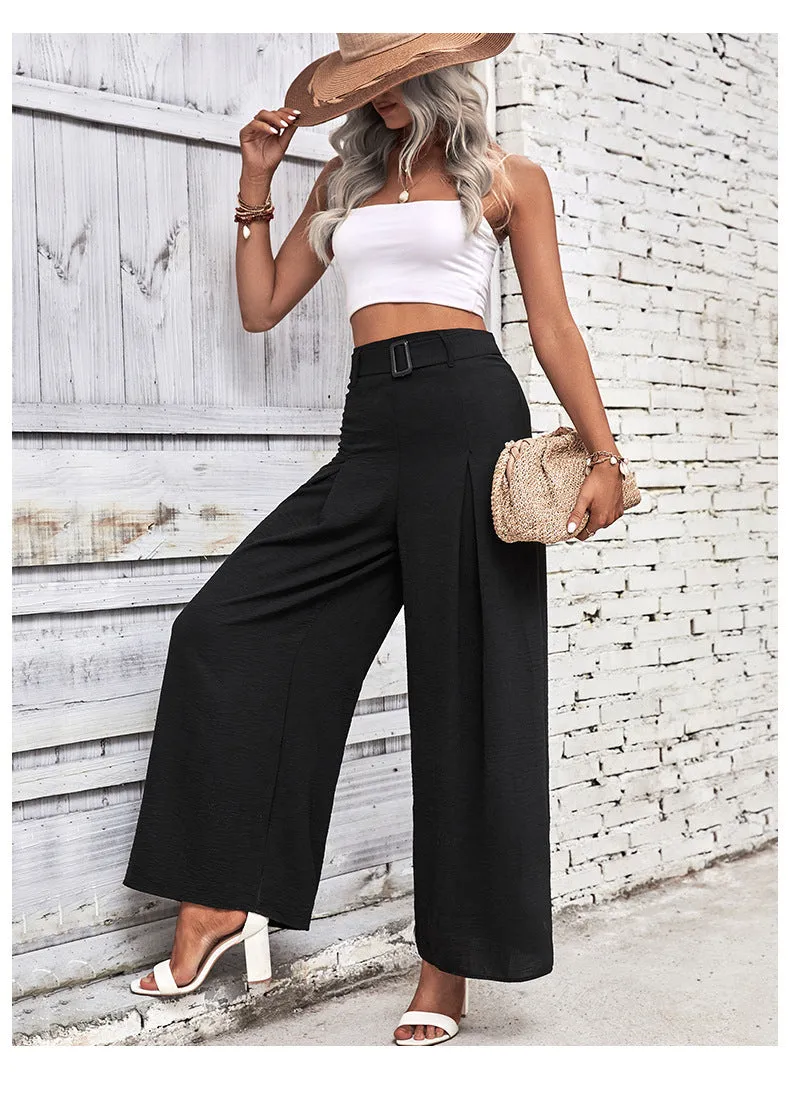 Buckle Belted Pleated High Waist Wide Leg Pants (4 colors)