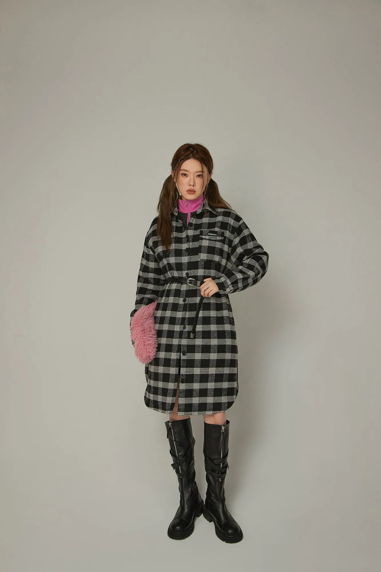 Check Long Button Coat