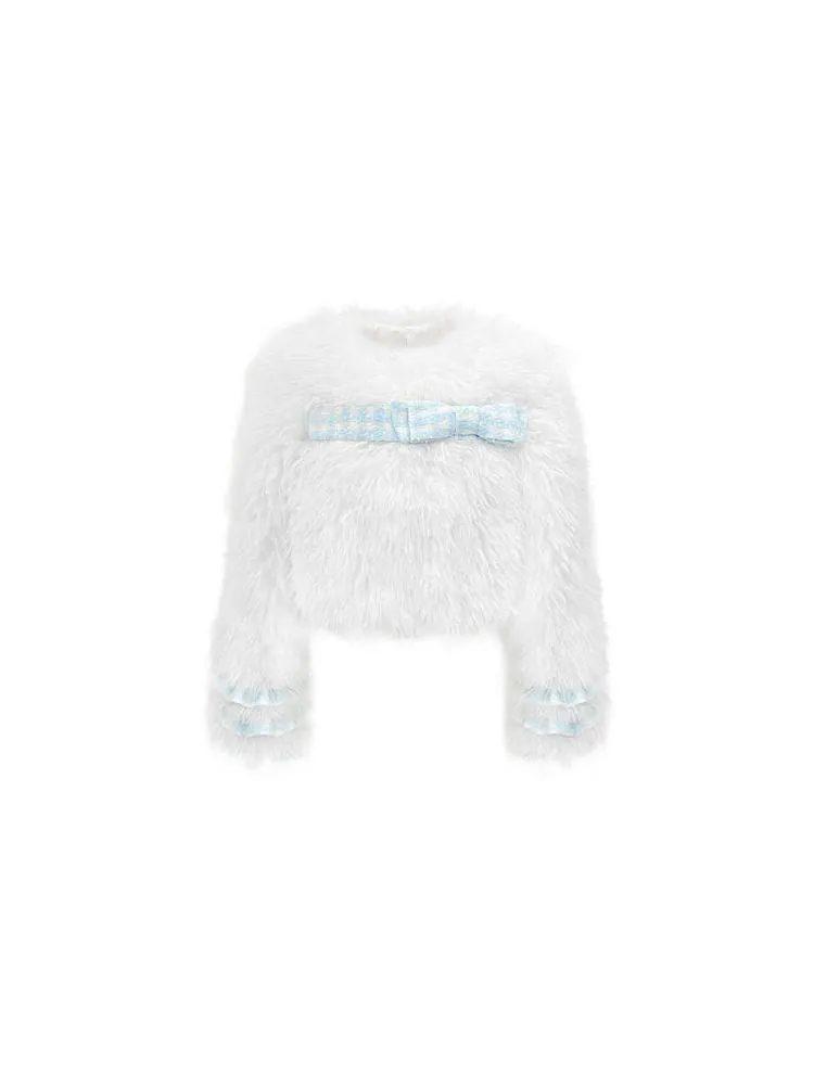 Checkered Bow Trim White Short Faux Fur Coat【s0000005140】