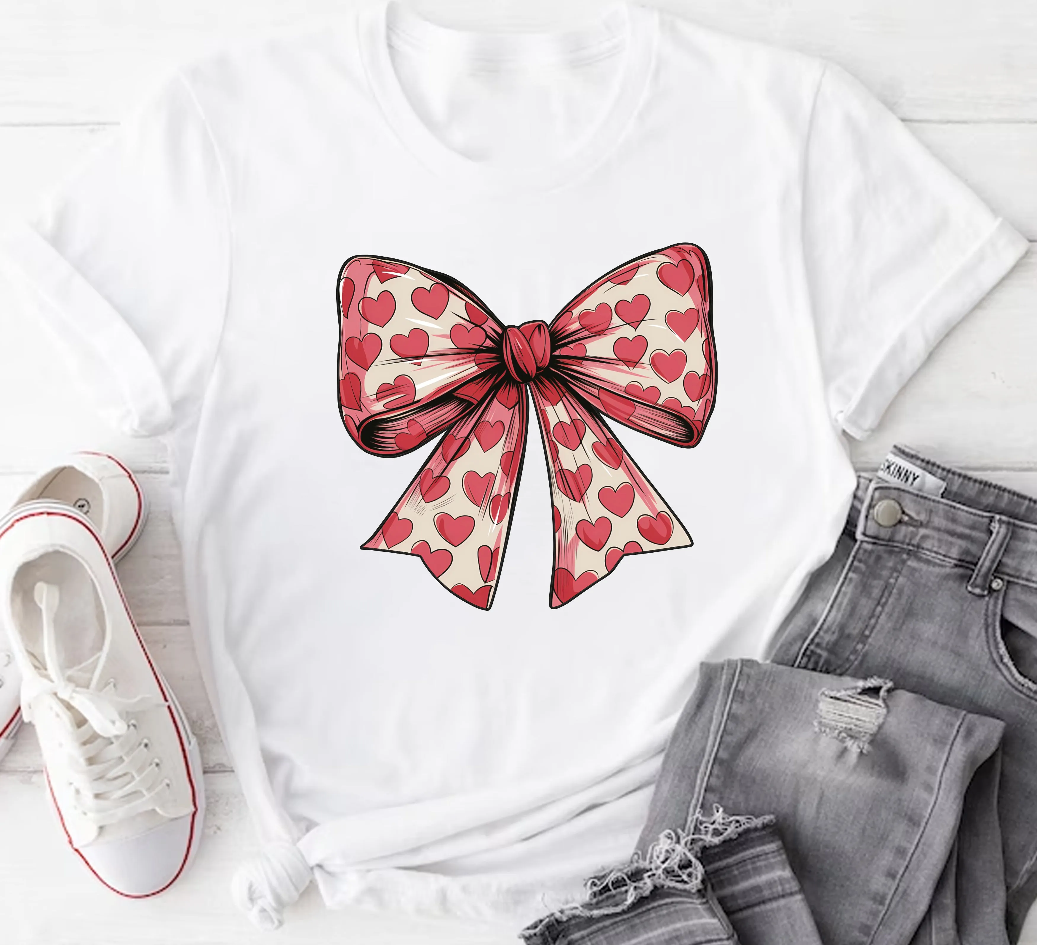 Coquette Valentine's Day Heart Bow Short Sleeve T-Shirt, Valentine's Day Bow Shirt