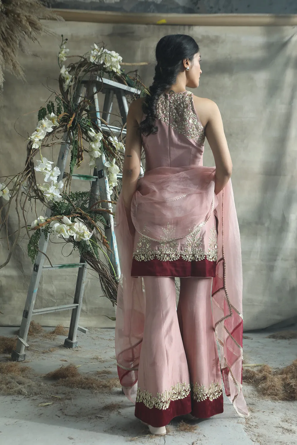 Dark Rosegold Halter Neck Silk Shirt With Bell Bottoms And Dupatta