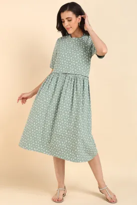 Dark Sea Green Floral Printed Maternity Zipless Feeding Dress