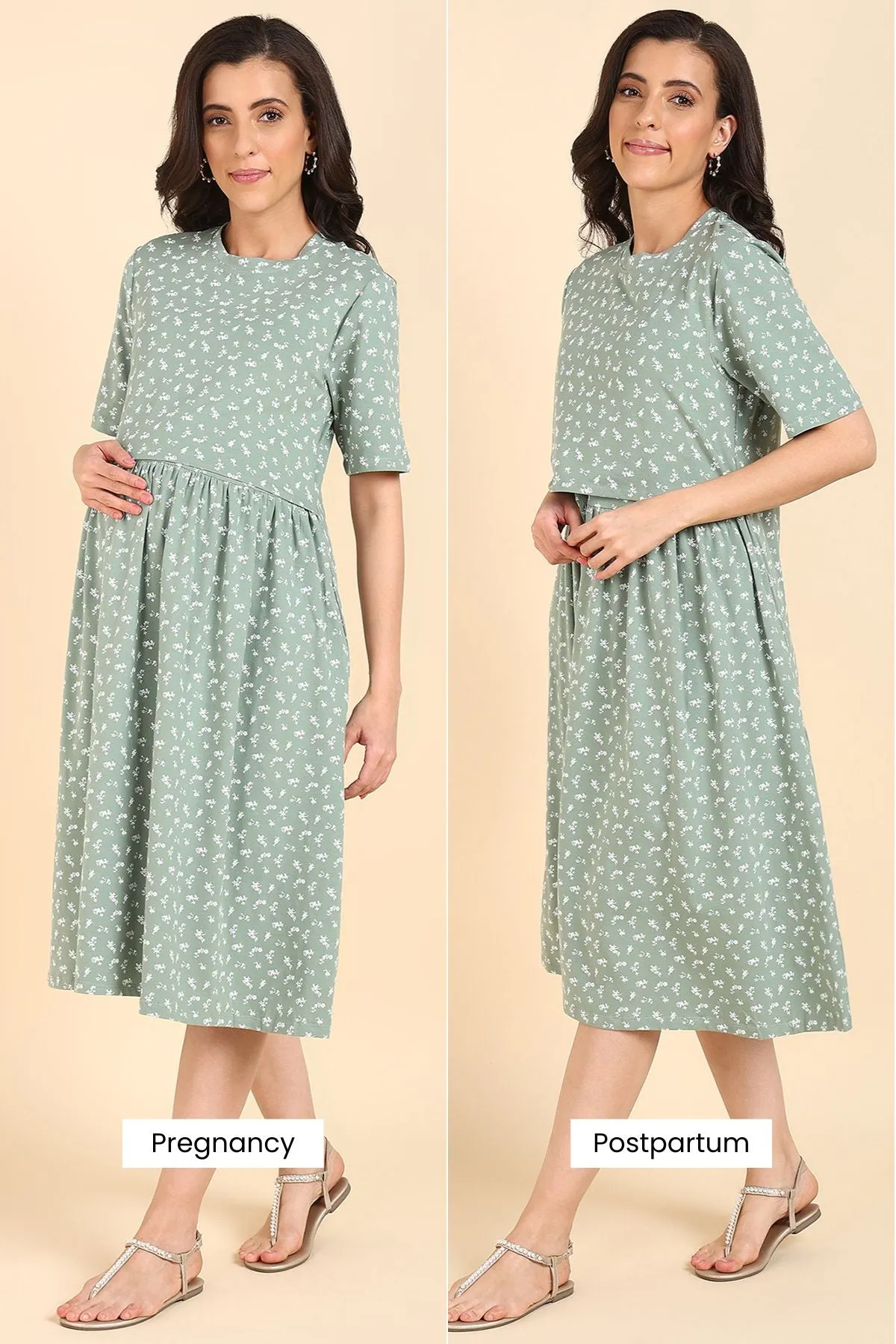 Dark Sea Green Floral Printed Maternity Zipless Feeding Dress