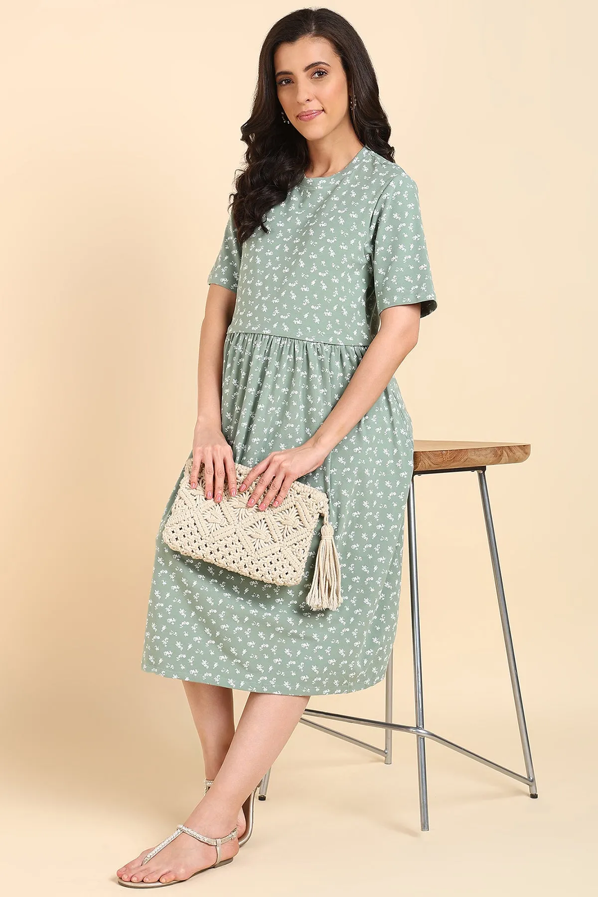 Dark Sea Green Floral Printed Maternity Zipless Feeding Dress