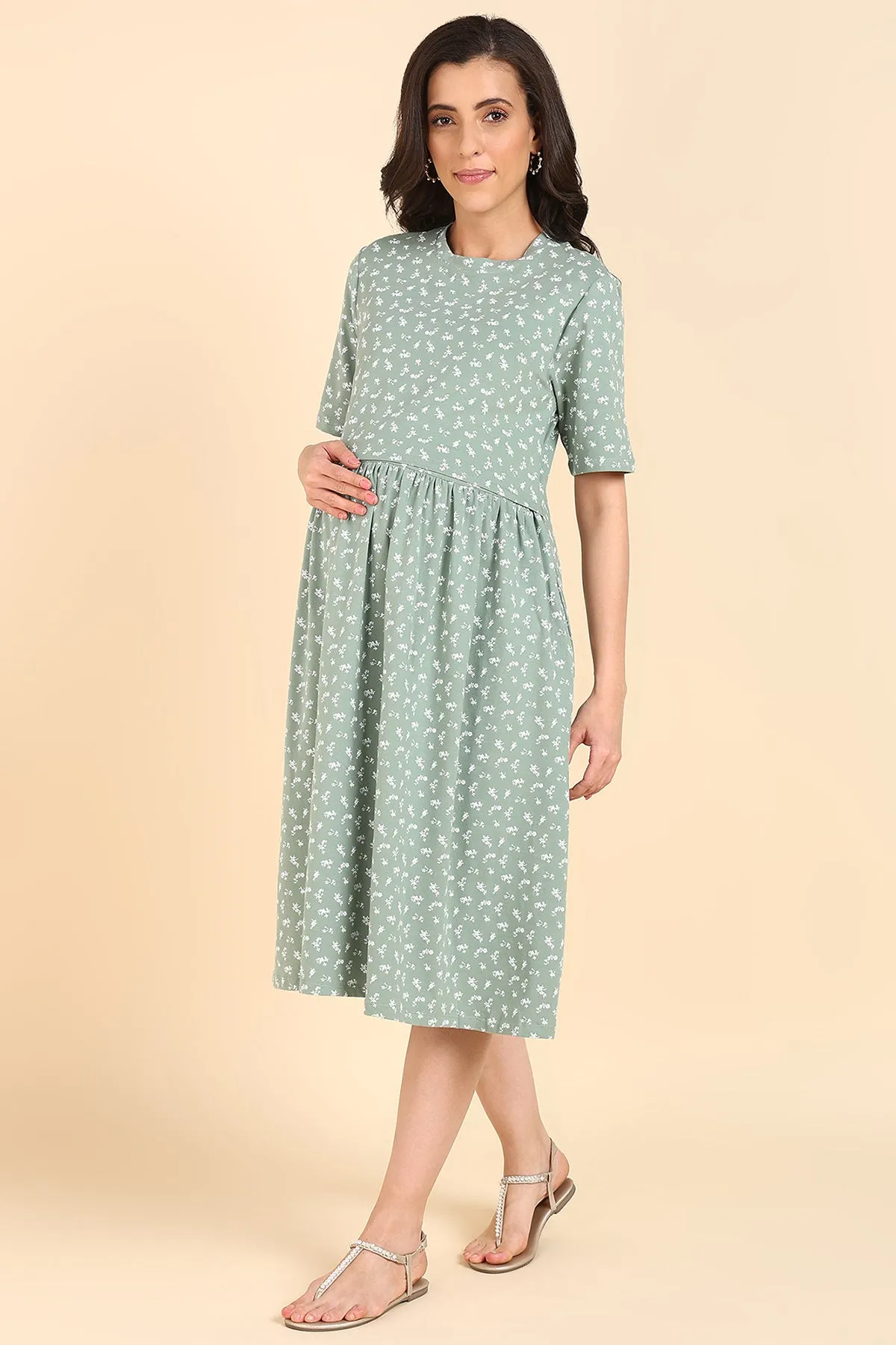 Dark Sea Green Floral Printed Maternity Zipless Feeding Dress