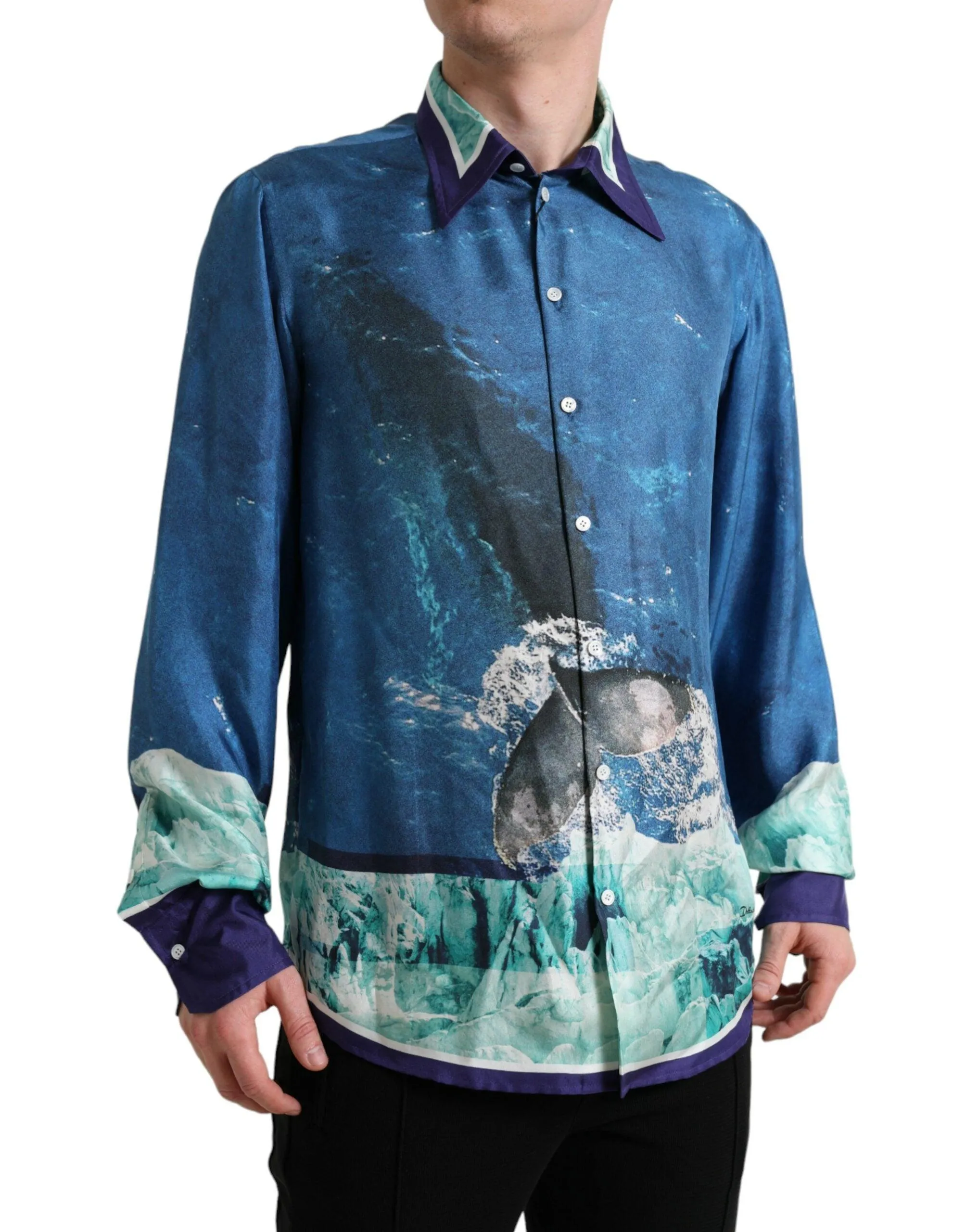 Dolce & Gabbana Blue Ocean Print Silk Collared Button Down Shirt