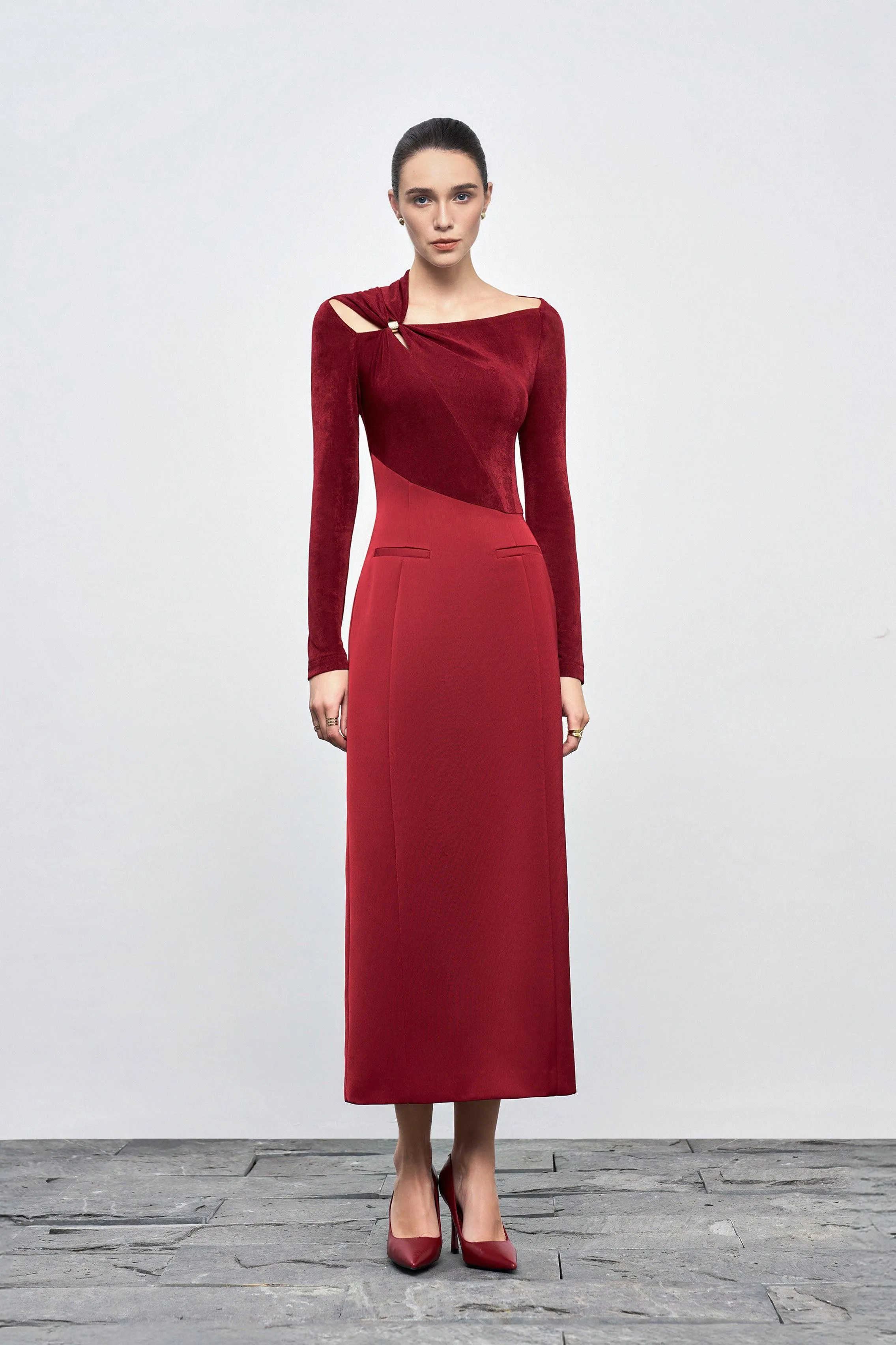 Eleanor Sheath Asymmetric Neck Taffeta Midi Dress