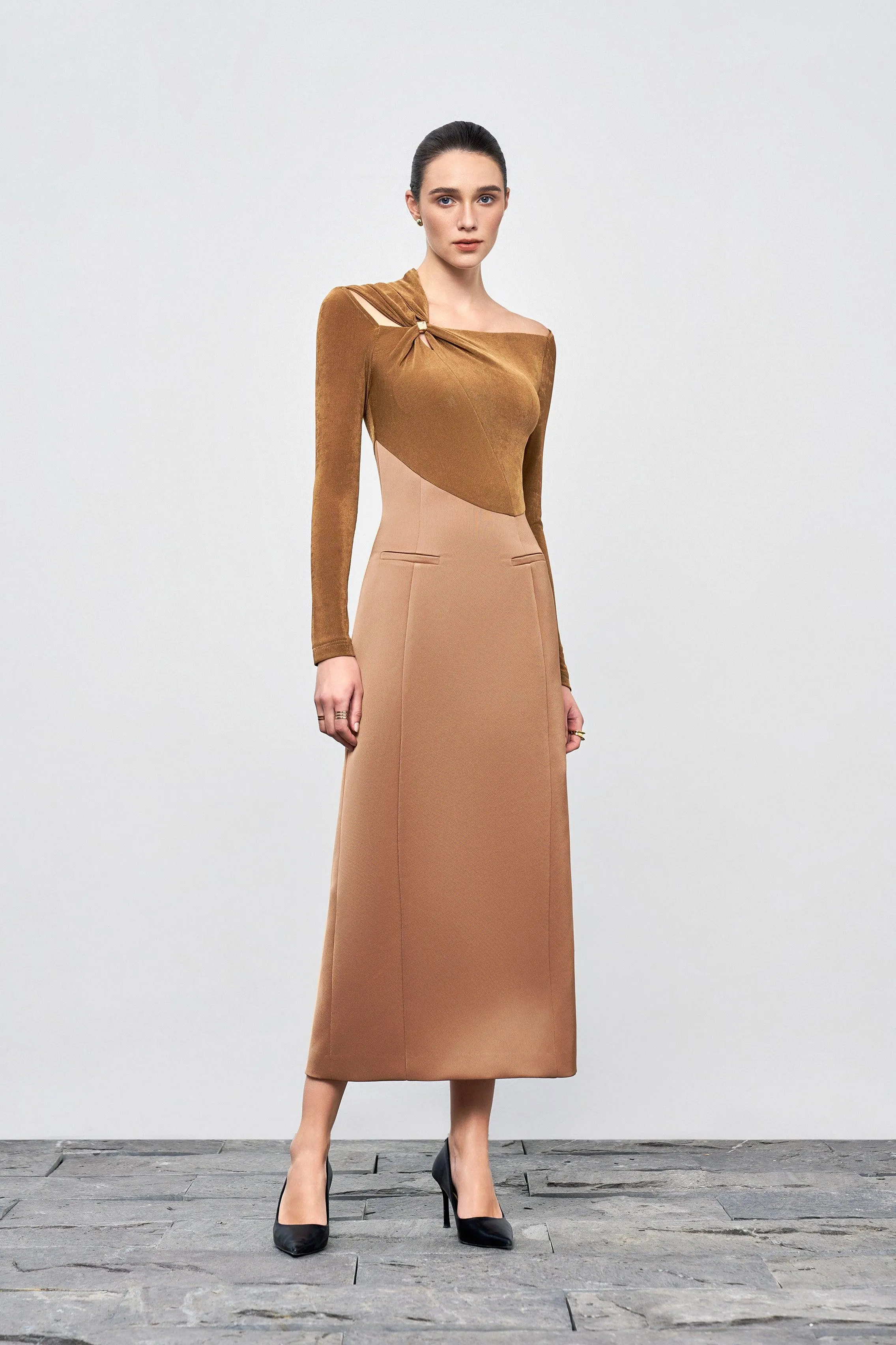 Eleanor Sheath Asymmetric Neck Taffeta Midi Dress