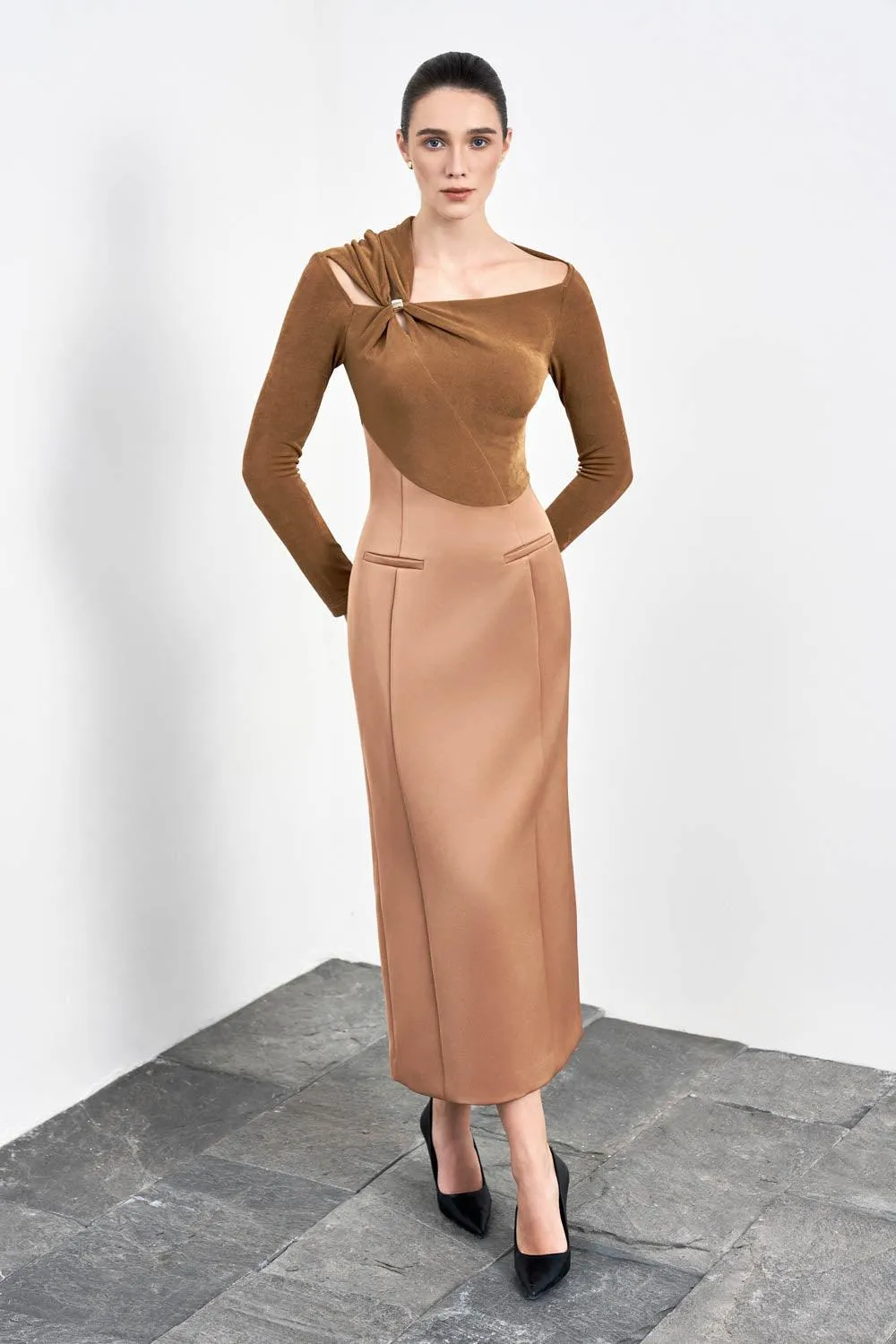 Eleanor Sheath Asymmetric Neck Taffeta Midi Dress