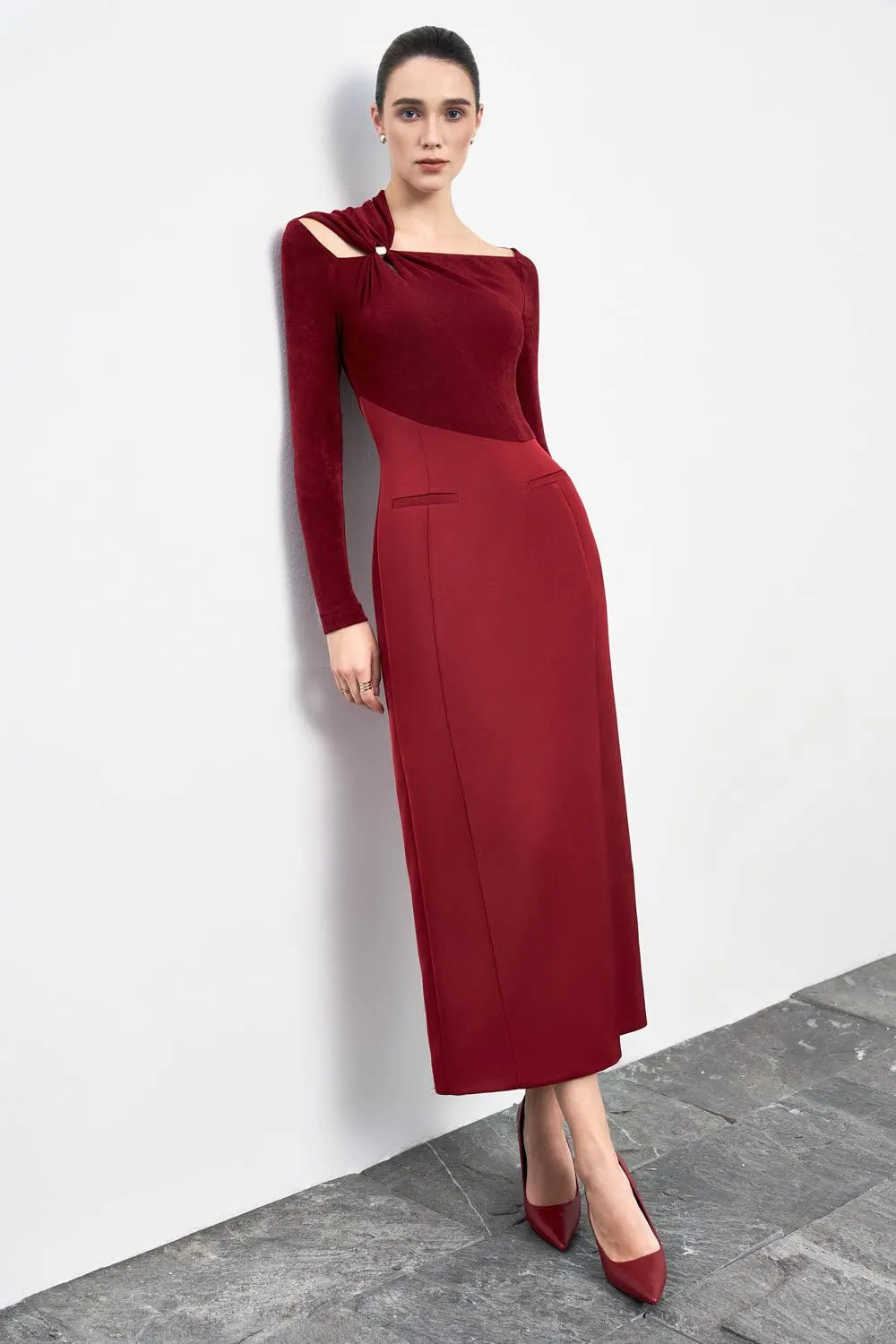 Eleanor Sheath Asymmetric Neck Taffeta Midi Dress