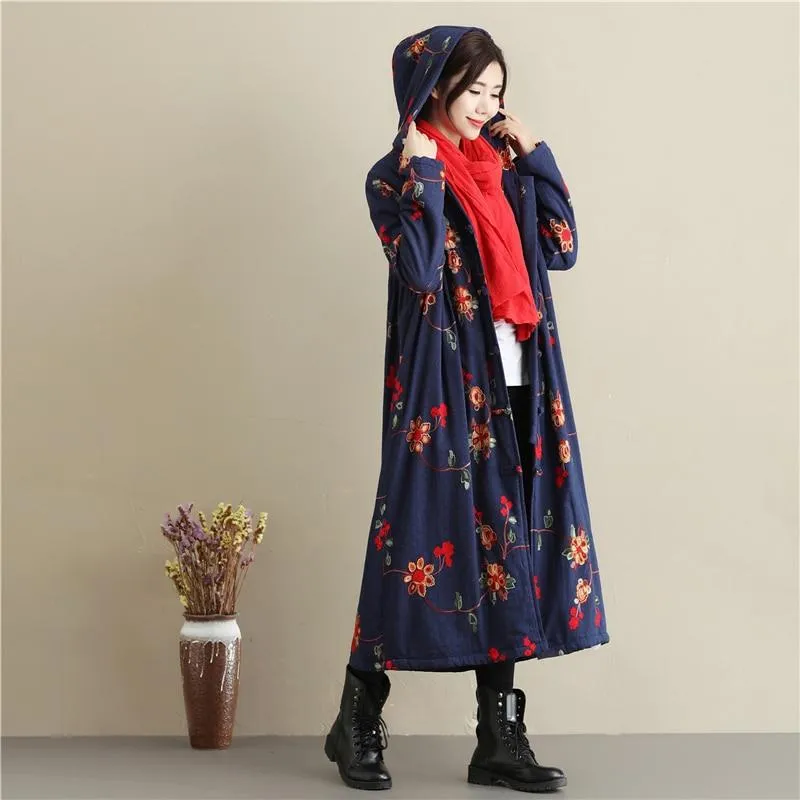 Floral Embroidered Hooded Coat