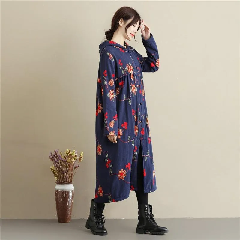 Floral Embroidered Hooded Coat