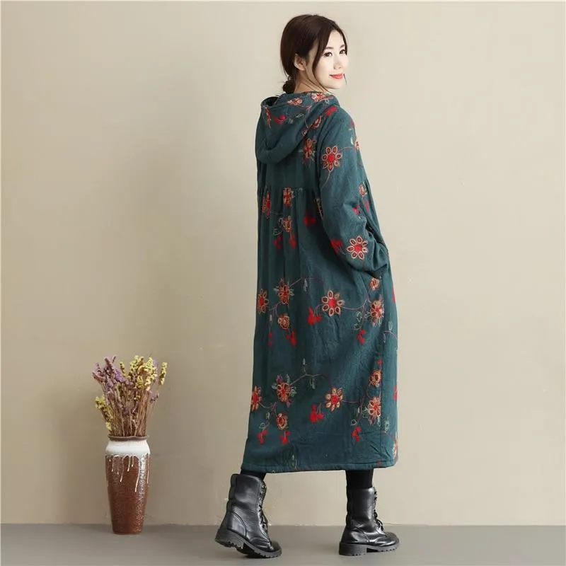 Floral Embroidered Hooded Coat