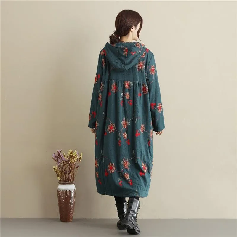 Floral Embroidered Hooded Coat