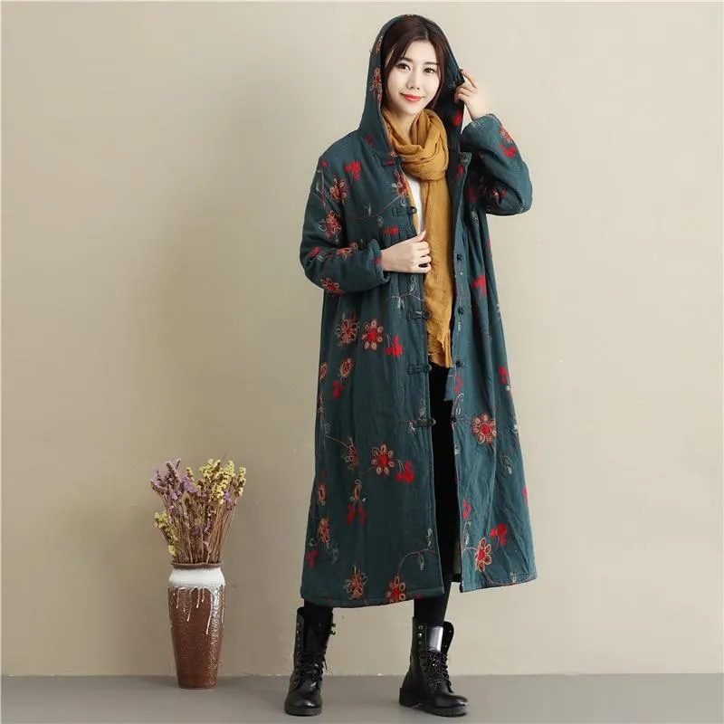 Floral Embroidered Hooded Coat