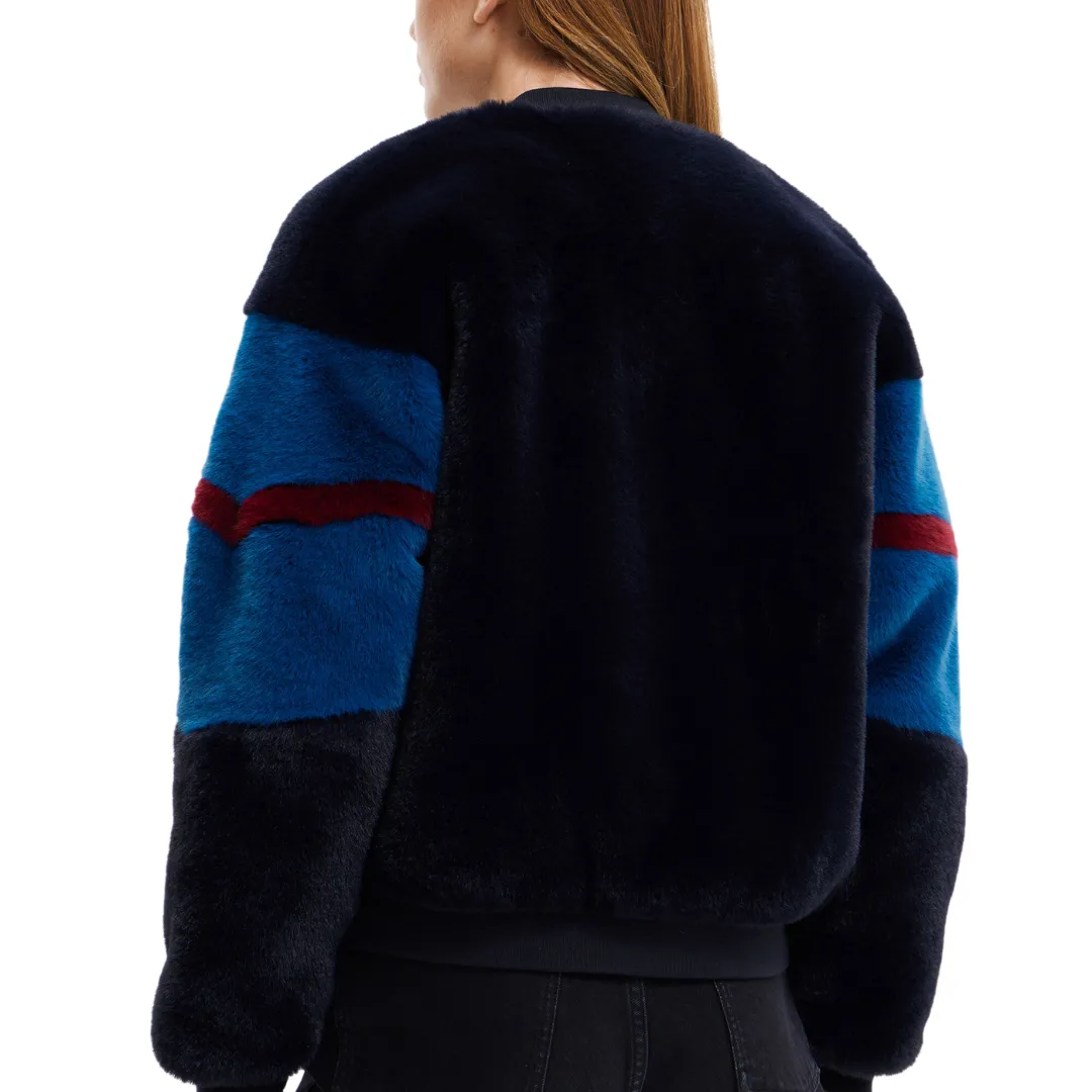 Fur-Effect Bomber Varsity Jacket