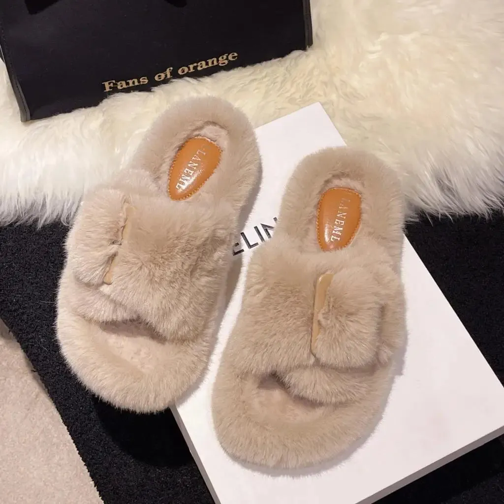 Fur Slipper Slides with Side Buckle for Women