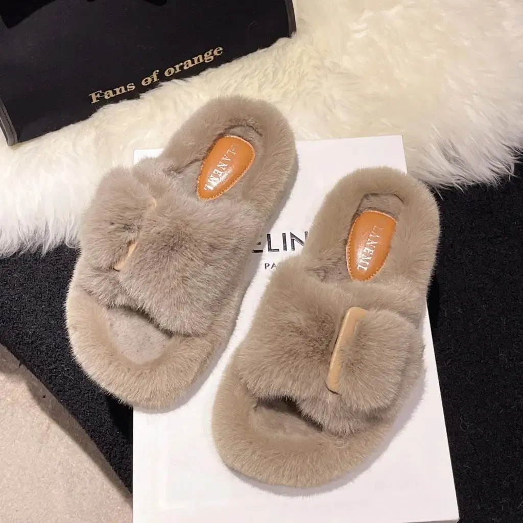 Fur Slipper Slides with Side Buckle for Women