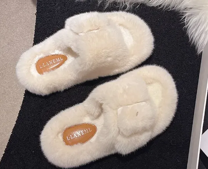 Fur Slipper Slides with Side Buckle for Women