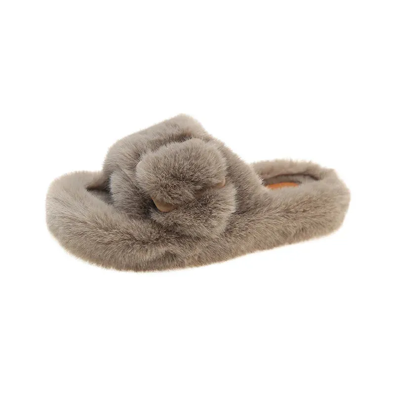 Fur Slipper Slides with Side Buckle for Women