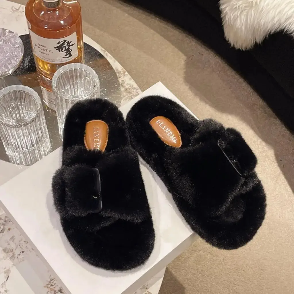 Fur Slipper Slides with Side Buckle for Women