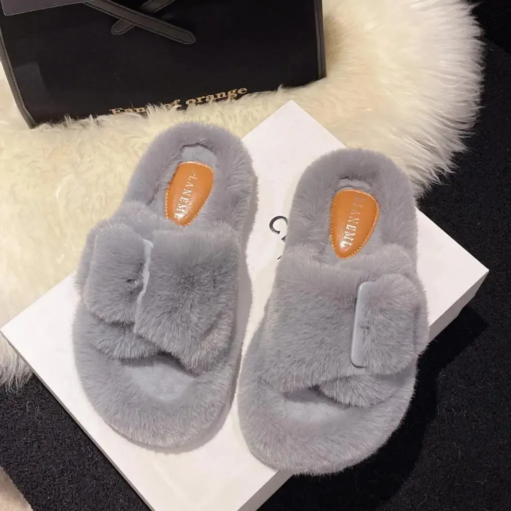 Fur Slipper Slides with Side Buckle for Women