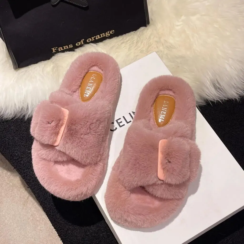 Fur Slipper Slides with Side Buckle for Women