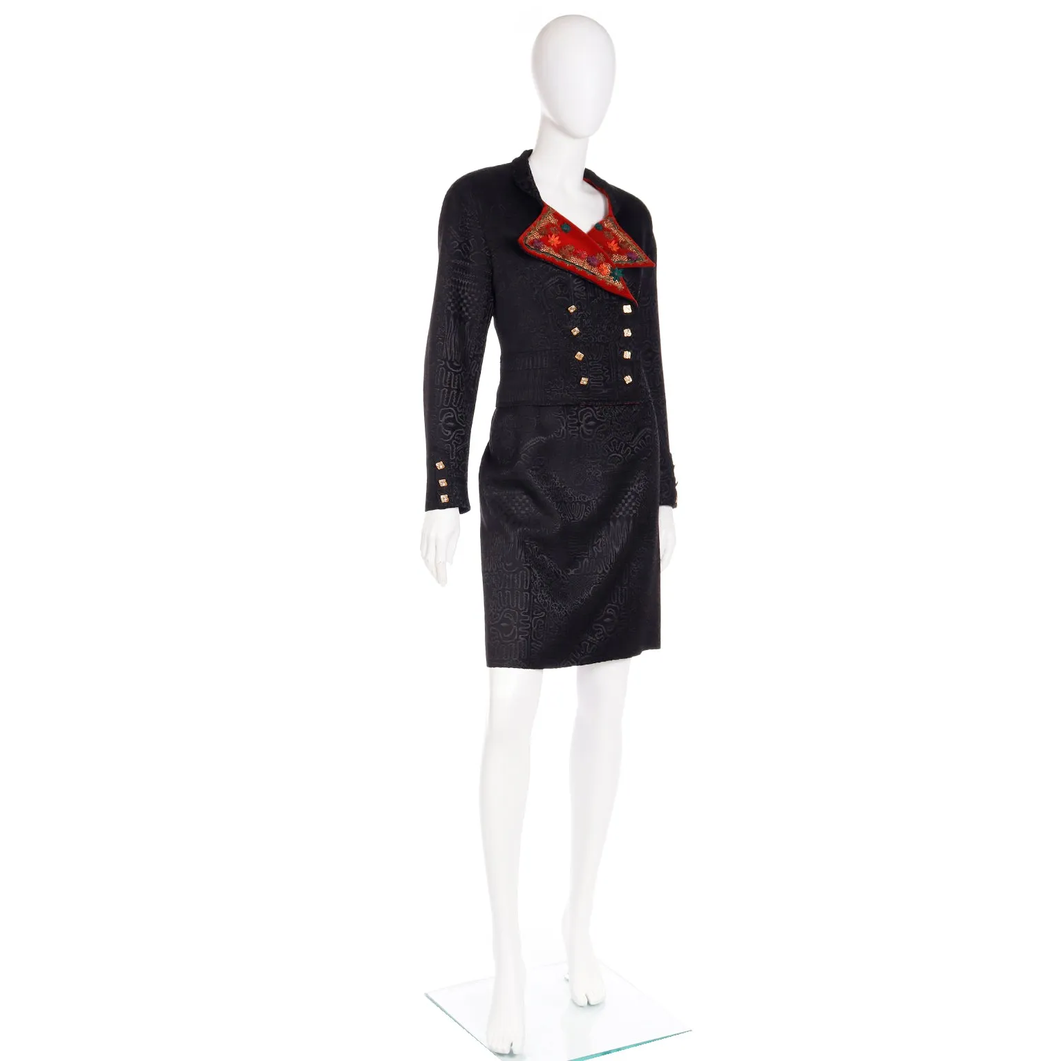 F/W 1994 Christian Lacroix Black Velvet Skirt Suit W Red Velvet Lapel